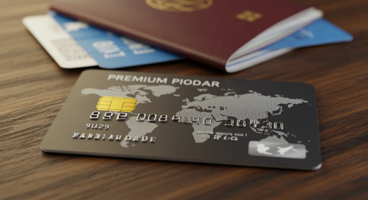 Tarjeta de crédito premium con beneficios de acceso a salas VIP y elementos de viaje.