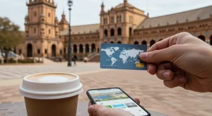 Guía Definitiva: Tarjetas de Crédito de Viaje España 2026 Tarjeta de crédito de viaje siendo utilizada en una plaza española, con arquitectura típica y un smartphone al lado.