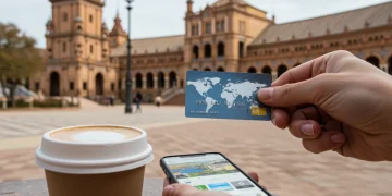 Tarjeta de crédito de viaje siendo utilizada en una plaza española, con arquitectura típica y un smartphone al lado.