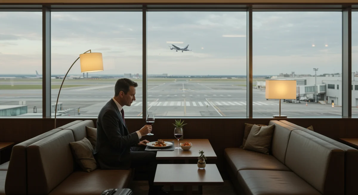 Viajero de negocios disfrutando de comida gourmet en un lounge exclusivo de aeropuerto con vistas a la pista.