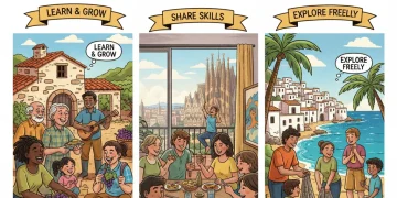 Viajeros intercambiando servicios por alojamiento gratuito en diversas localizaciones de España