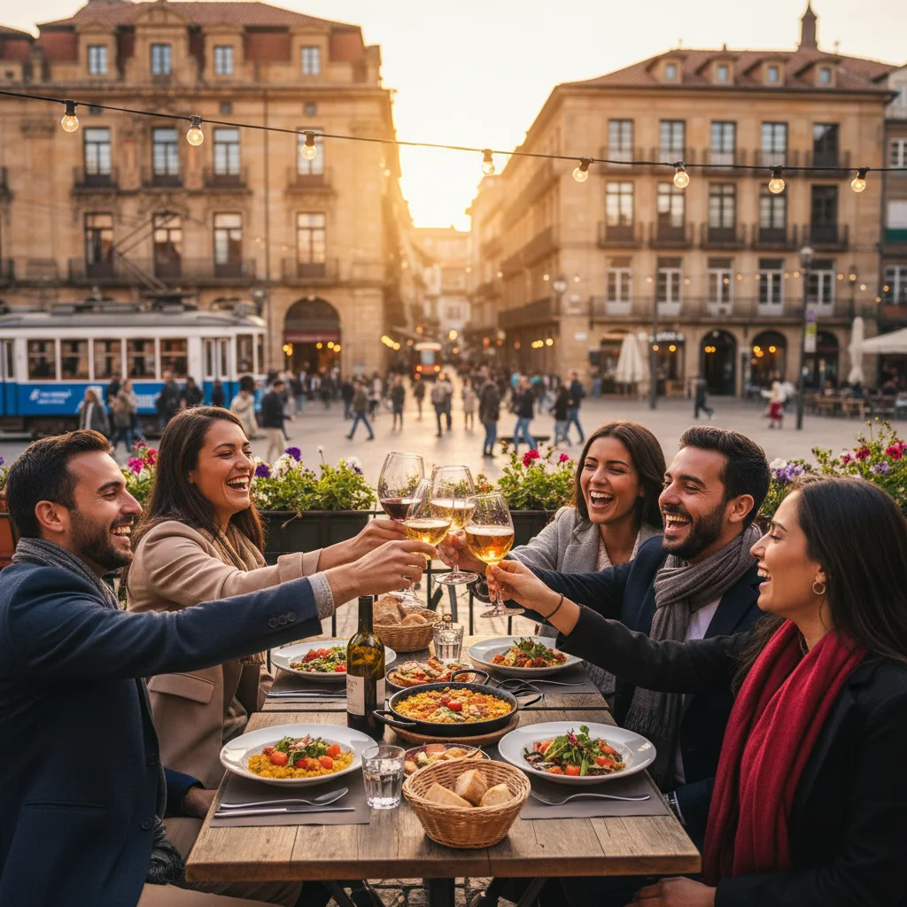 Grupo de amigos disfrutando de una cena en una ciudad europea vibrante.