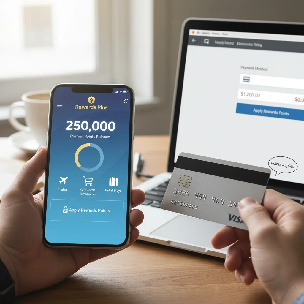 Teléfono mostrando aplicación de puntos de lealtad con alto saldo, junto a una tarjeta de crédito para compras online.