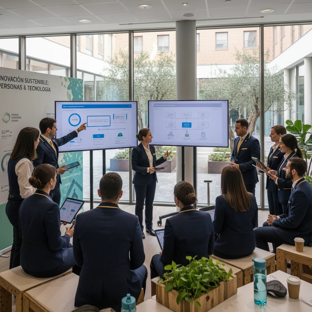 Personal de hotel español capacitándose en herramientas digitales y sostenibilidad, reflejando la inversión en el sector.
