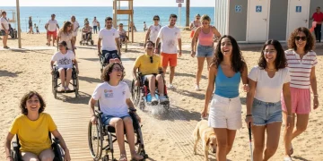 Grupo diverso de personas disfrutando de una playa accesible en España, con rampas y facilidades para todos.