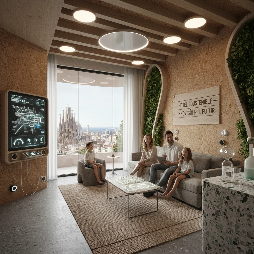 Familia disfrutando de una habitación de hotel inteligente y sostenible en España, con tecnología y materiales ecológicos.