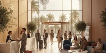 Lujoso vestíbulo de hotel en España con viajeros satisfechos, simbolizando el impacto positivo de las ayudas hoteleras.