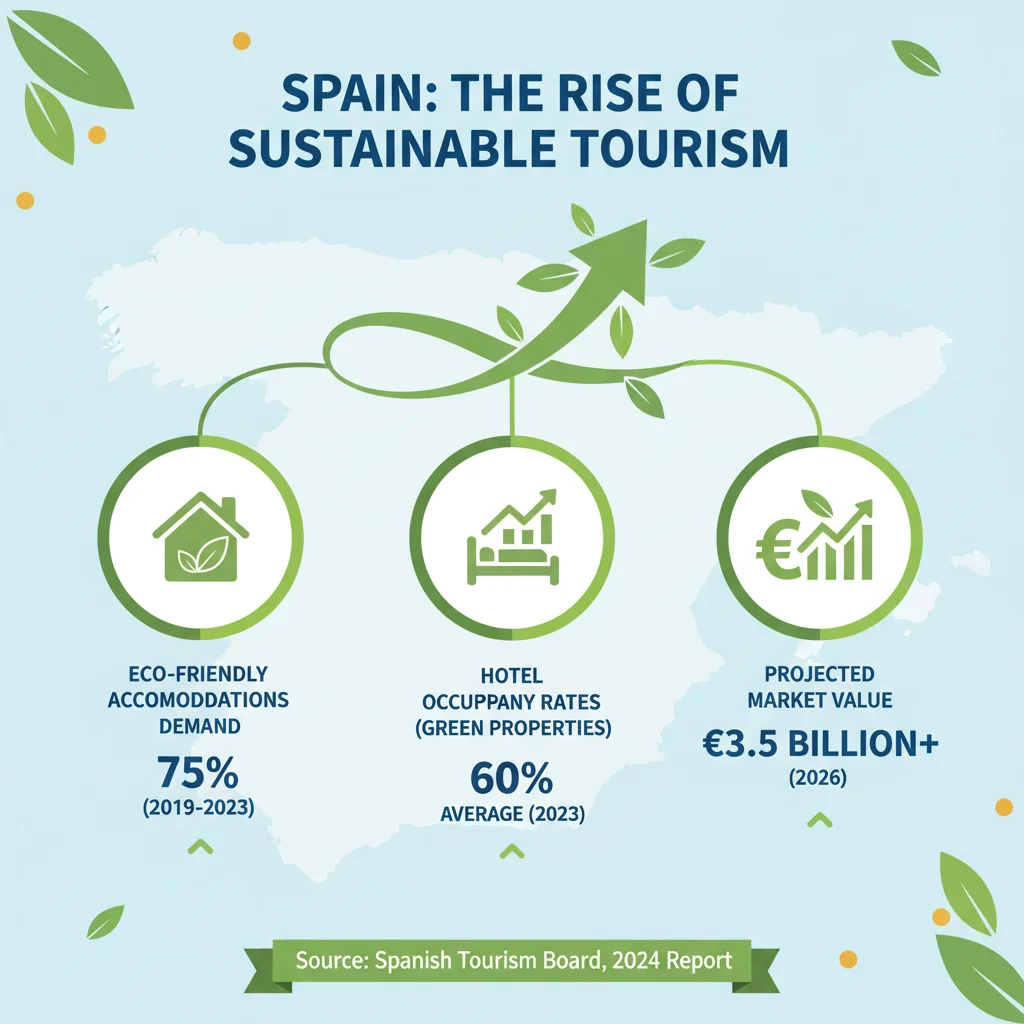 Infografía sobre el crecimiento del turismo sostenible en España, con estadísticas de demanda y valor de propiedades ecológicas.