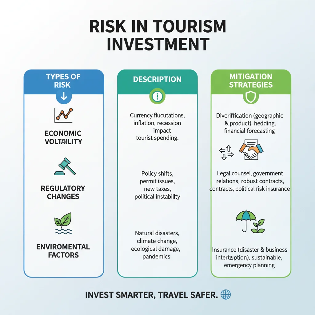 Infografía de riesgos y estrategias de mitigación en la inversión turística.