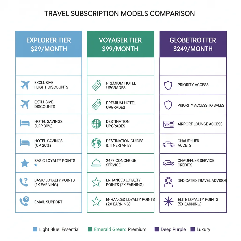 Infografía comparativa de modelos de suscripciones de viaje con beneficios y precios.