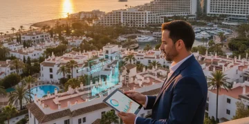 Inversor analizando datos de inversión turística en España con un paisaje costero al atardecer de fondo.