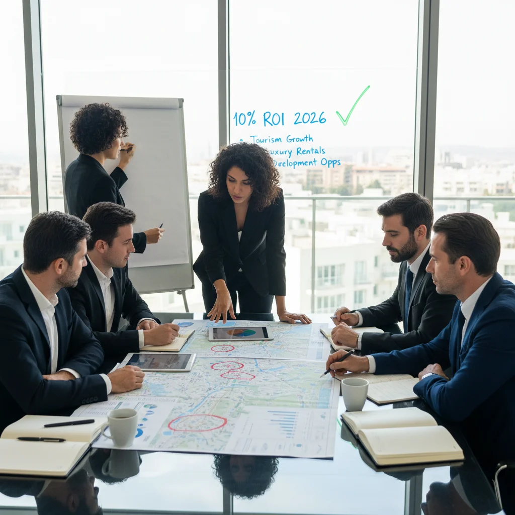 Inversores discutiendo proyecciones de rentabilidad del 10% en el sector turístico español.