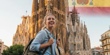 Joven viajero sonriendo frente a un monumento español emblemático, representando las nuevas ayudas para viajar.