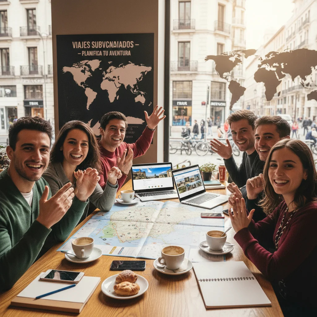 Grupo de jóvenes planificando un viaje por España con ayudas estatales en un ambiente moderno.