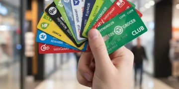 Mano sosteniendo tarjetas de lealtad apiladas, simbolizando la acumulación de puntos y recompensas.
