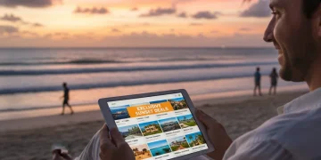 Persona viendo ofertas exclusivas de viaje en una tablet con fondo de playa al atardecer.