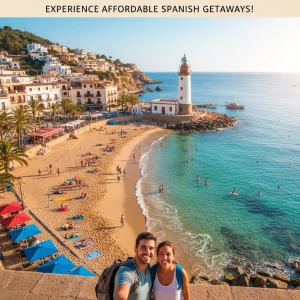Paisaje costero español vibrante con un faro histórico y aguas cristalinas, simbolizando el turismo accesible.