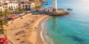 Paisaje costero español vibrante con un faro histórico y aguas cristalinas, simbolizando el turismo accesible.