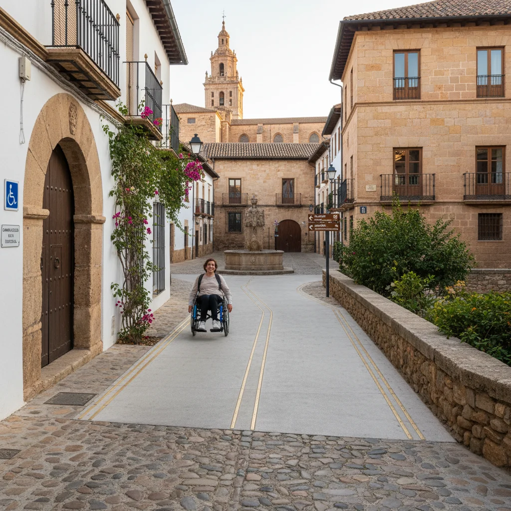 Persona en silla de ruedas recorriendo un sendero accesible en una ciudad histórica española.