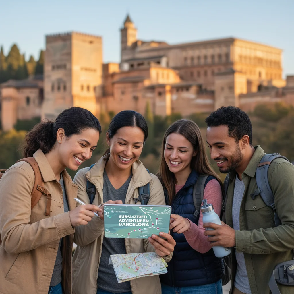 Viajeros felices planificando su ruta con un mapa digital y un monumento español de fondo, representando el turismo subvencionado.