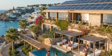 Propiedad turística ecológica con paneles solares y jardines en la costa española, símbolo de inversión sostenible.