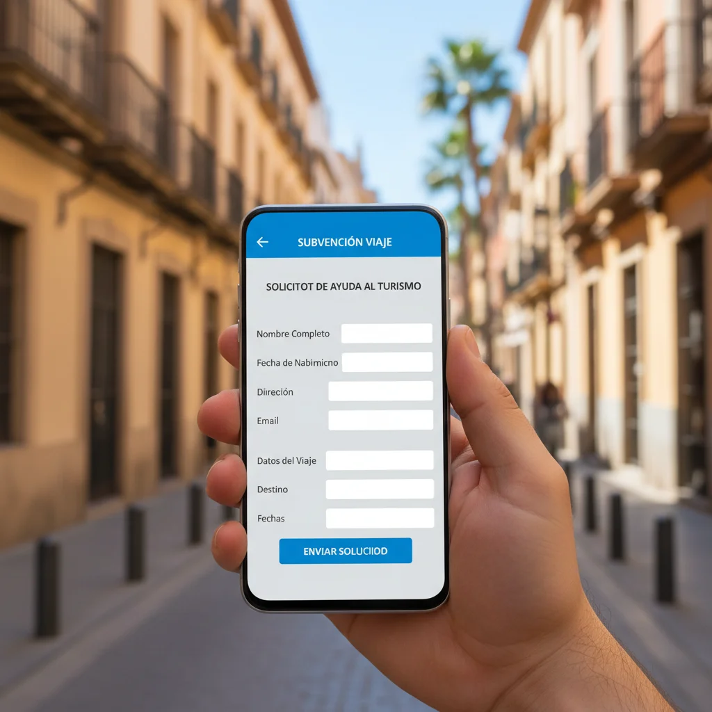 Mano rellenando un formulario de solicitud online para subvenciones de viaje en un smartphone.