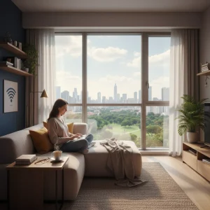 Persona teletrabajando en un apartamento moderno con vistas panorámicas, disfrutando de los beneficios del trabajo remoto.