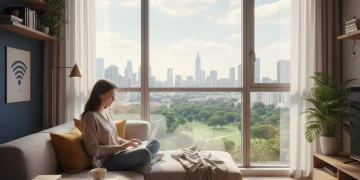 Persona teletrabajando en un apartamento moderno con vistas panorámicas, disfrutando de los beneficios del trabajo remoto.