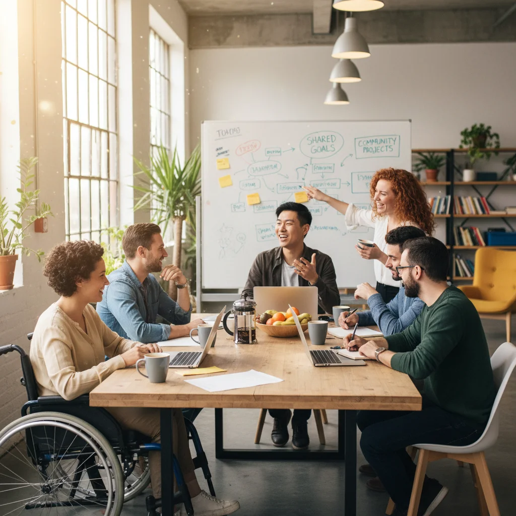 Grupo de teletrabajadores colaborando en un espacio de coworking, simbolizando la comunidad y el apoyo en el trabajo remoto.