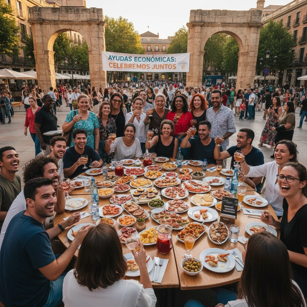 Grupo de turistas disfrutando de tapas en una plaza española, destacando la experiencia asequible y el ahorro del viaje.