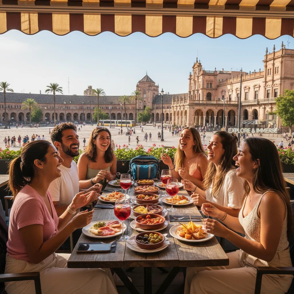 Amigos internacionales disfrutando de tapas en una terraza española, celebrando la inmersión cultural.