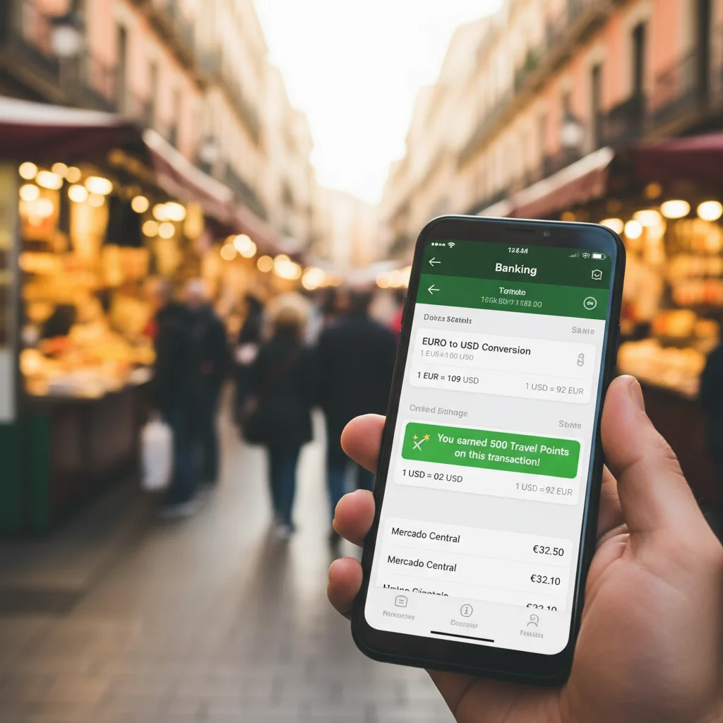 Aplicación bancaria con detalles de ahorro y tipos de cambio en España