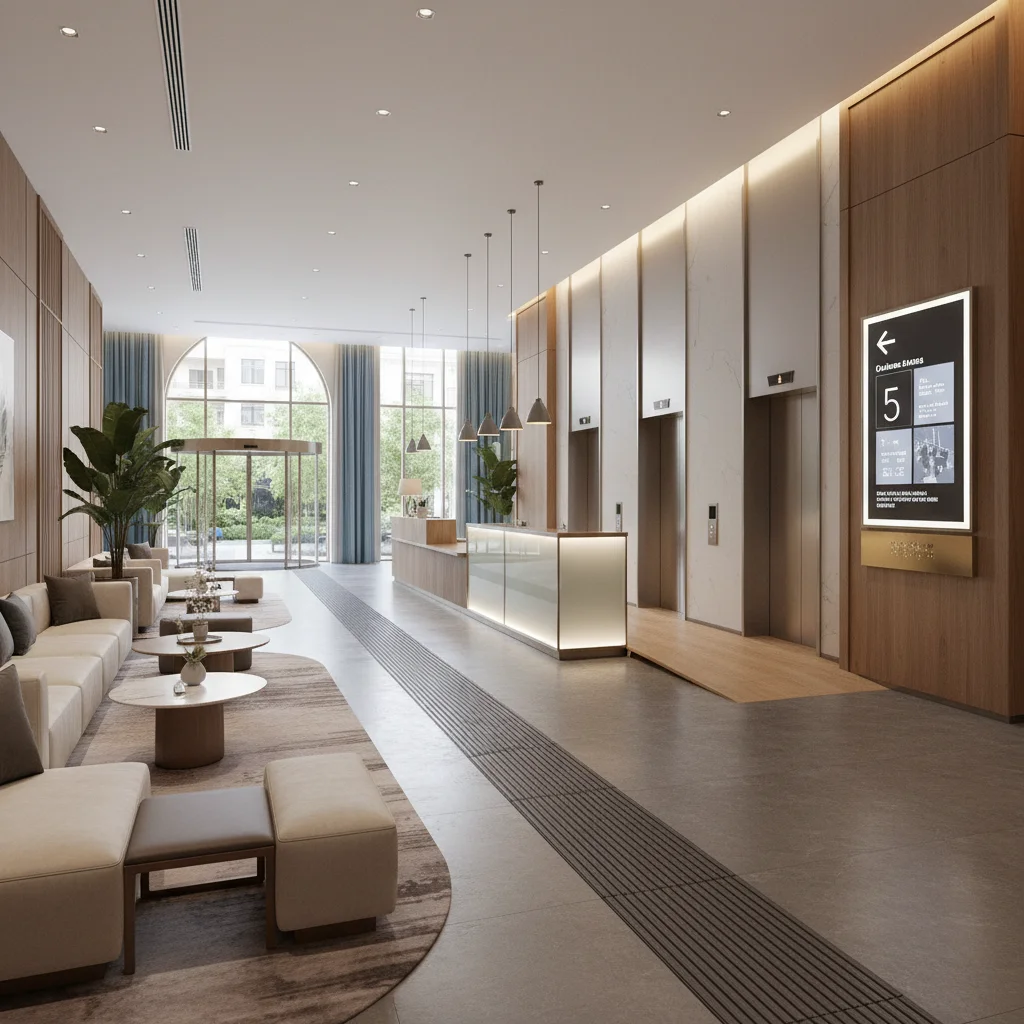Recepción de hotel moderno con características de accesibilidad integradas, incluyendo mostrador bajo y señalización en Braille.