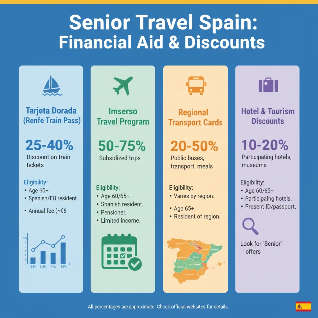 Infografía explicando los requisitos y beneficios de las ayudas para viajes de la tercera edad en España.