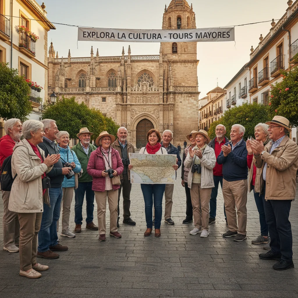 Grupo de personas mayores explorando monumentos históricos en una ciudad española con un guía.