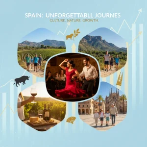Microinversiones en Turismo: Oportunidades España 2026 Diversas experiencias turísticas en España, con gráficos financieros superpuestos que simbolizan la inversión y el crecimiento.