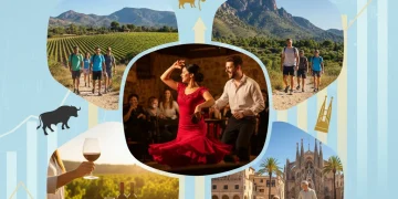 Diversas experiencias turísticas en España, con gráficos financieros superpuestos que simbolizan la inversión y el crecimiento.
