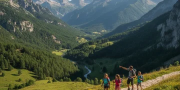 Paisaje majestuoso de un parque nacional español con montañas y valles, ideal para senderismo.