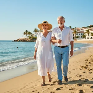 Ayudas Viajes Tercera Edad 2026: Descubre hasta el 25% de Descuento en España Pareja de la tercera edad feliz disfrutando de un viaje por la costa española al atardecer.