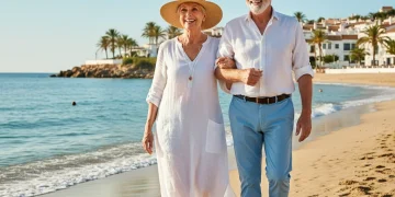 Pareja de la tercera edad feliz disfrutando de un viaje por la costa española al atardecer.
