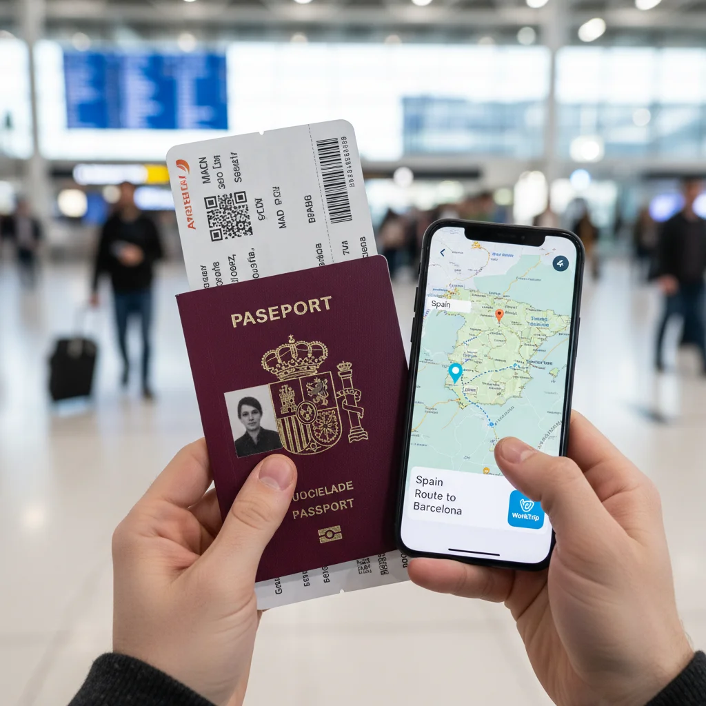Pasaporte español y billete de avión, simbolizando el inicio de un viaje de trabajo y estudio en España.