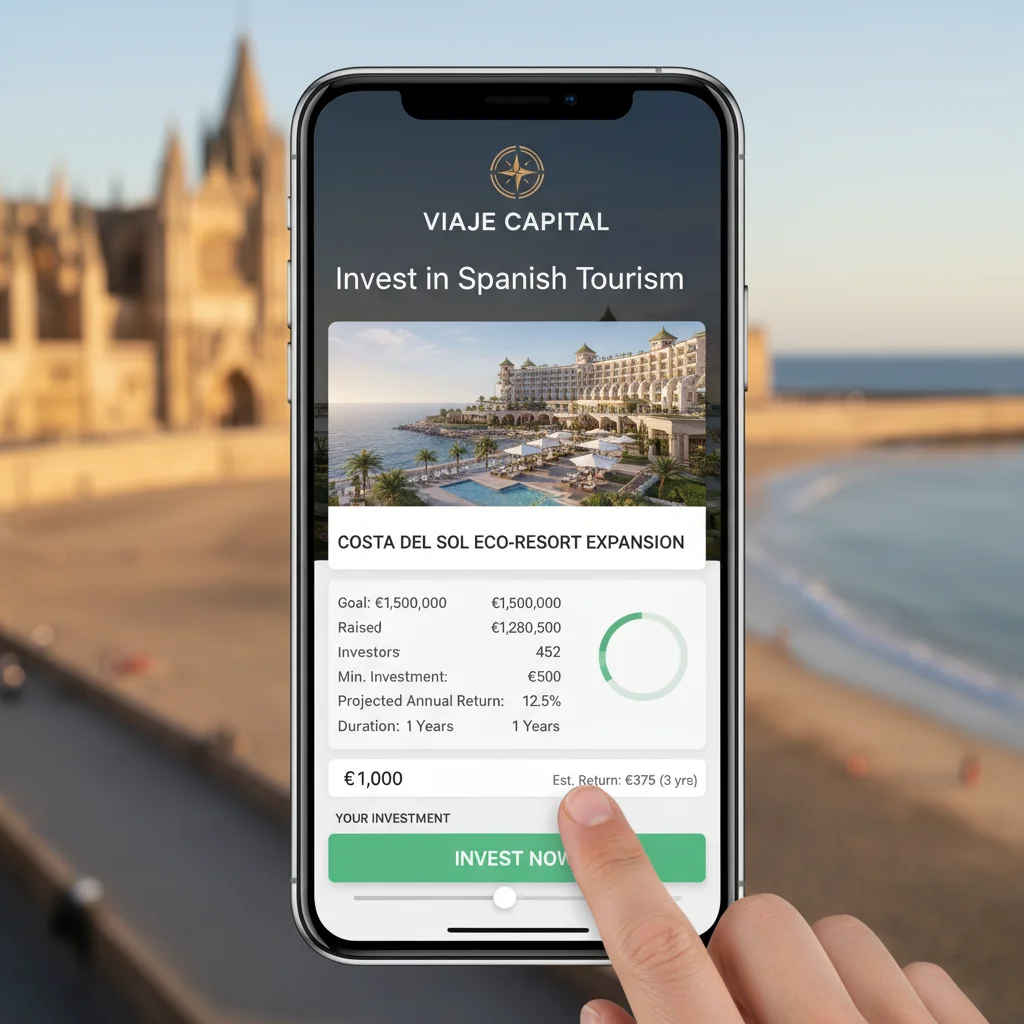 Pantalla de smartphone con plataforma de crowdfunding turístico, mostrando detalles de inversión y rendimientos proyectados.