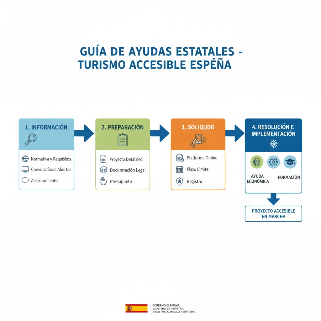 Infografía detallada del proceso de solicitud de ayudas para el turismo accesible en España.