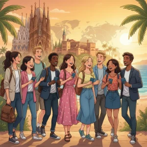 Programas Trabajo y Viaje España 2026: Tu Guía Definitiva para la Aventura Jóvenes diversos disfrutando de paisajes españoles, representando programas de trabajo y viaje en España.