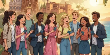 Jóvenes diversos disfrutando de paisajes españoles, representando programas de trabajo y viaje en España.