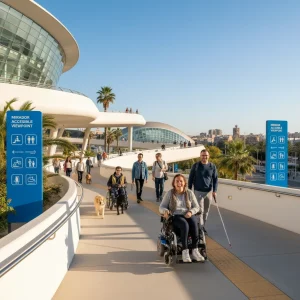 Grupo diverso de turistas disfrutando de un destino accesible en España, simbolizando la inclusión.