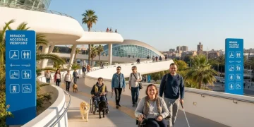 Grupo diverso de turistas disfrutando de un destino accesible en España, simbolizando la inclusión.