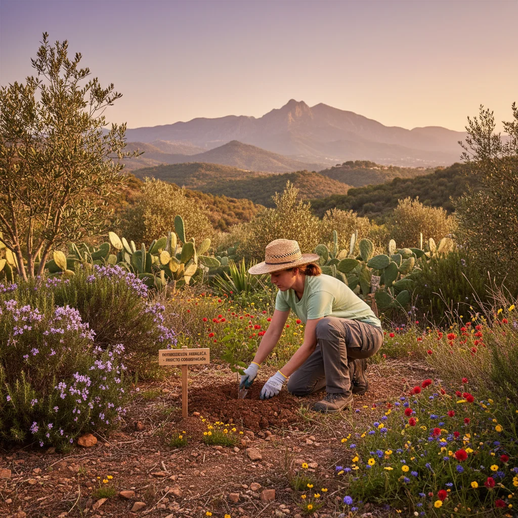 Voluntario cuidando plantas en un parque natural andaluz, en un entorno de flora mediterránea y montañas.