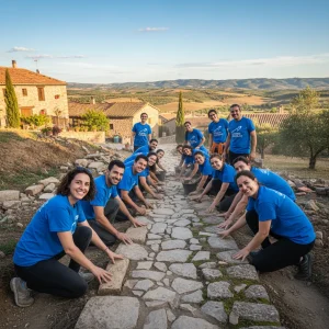 Voluntariado Turístico España 2026: Últimas Oportunidades Segundo Semestre Grupo de voluntarios restaurando un camino antiguo en un pueblo español, con paisajes naturales de fondo.