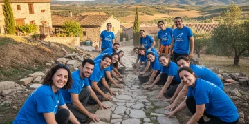 Grupo de voluntarios restaurando un camino antiguo en un pueblo español, con paisajes naturales de fondo.